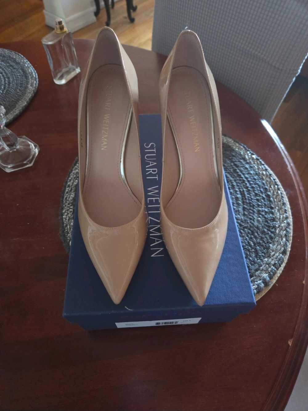 Stuart Weitzman Patent Nude Pointed-Toe Pumps